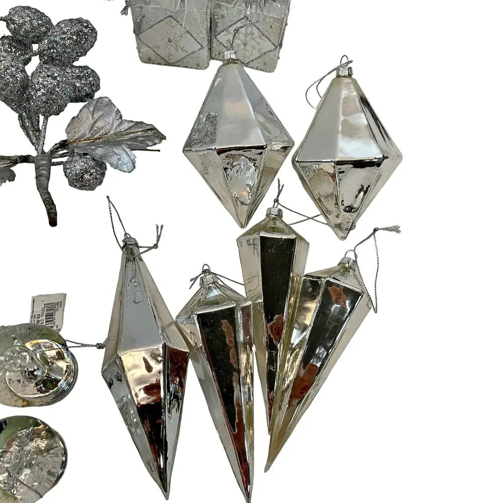 Large Lot Classy Silver Ornaments Gifts Snow Globes Drums Balls Berries Dillards